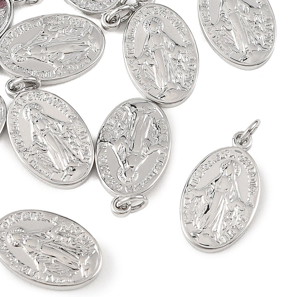 Virgin Mary Oval Brass Pendant Real Platinum Plated 20.5x12mm 1 Pack | The Pink Bead Shop Canada