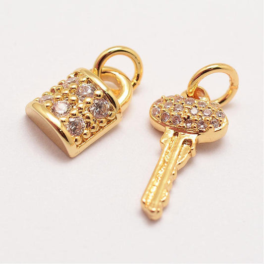 Micro Pavé Key & Padlock Charms – Cubic Zirconia (Gold or Platinum Finish) The Pink Bead Shop