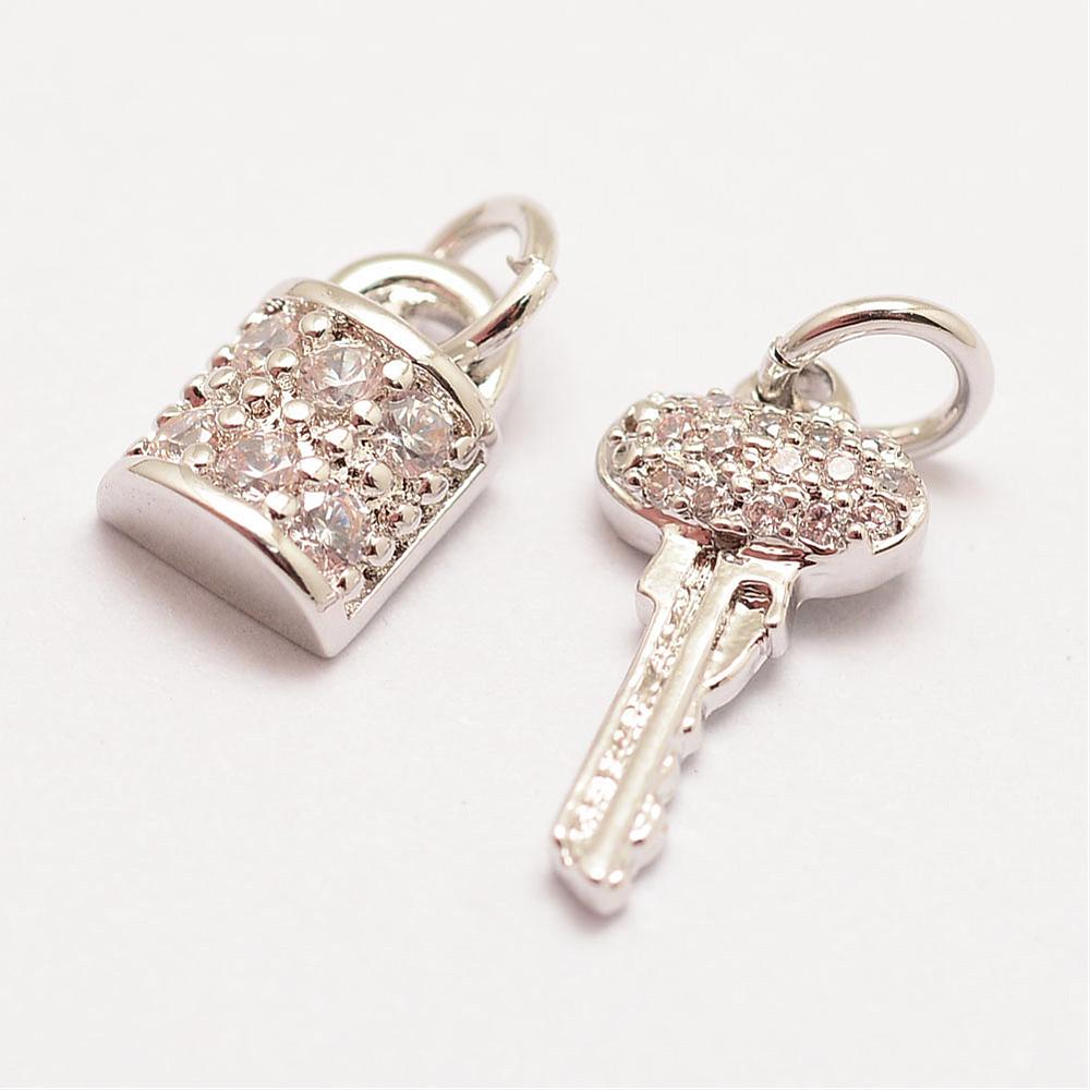 Micro Pavé Key & Padlock Charms – Cubic Zirconia (Gold or Platinum Finish) The Pink Bead Shop