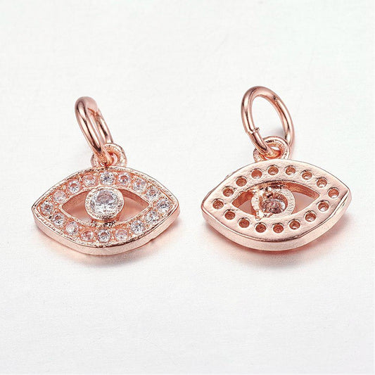 CZ Micro Pave Evil Eye Charms – Brass, Platinum, Gold & Rose Gold Plated, 9×11mm The Pink Bead Shop