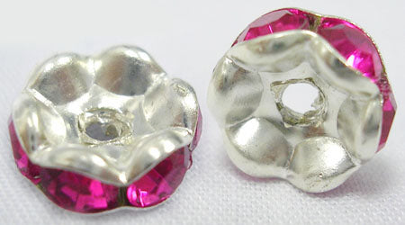 Brass Rhinestone Beads, Grade "A", Nickel Free, Rondelle, Silver Color Plated, Fuchsia 10 Pack