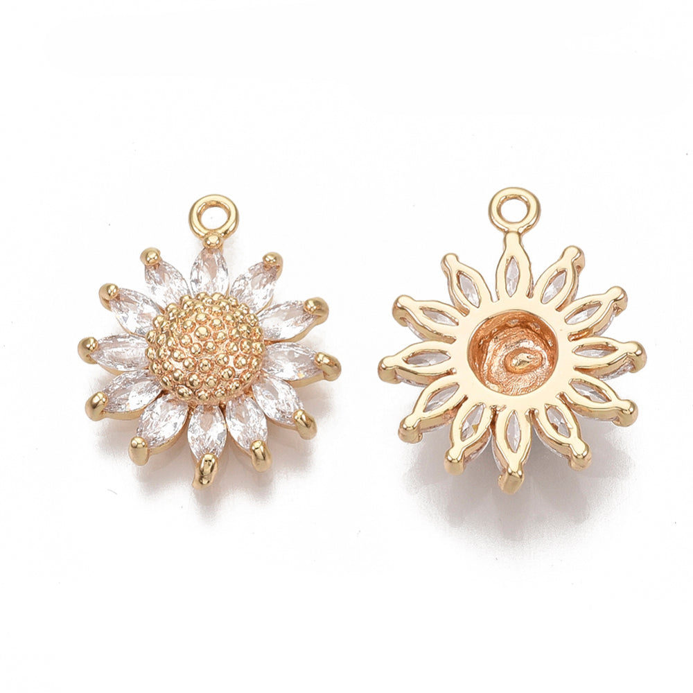 Brass Micro Pave Cubic Zirconia Pendants, Nickel Free, Daisy, Clear, Real 18K Gold Plated