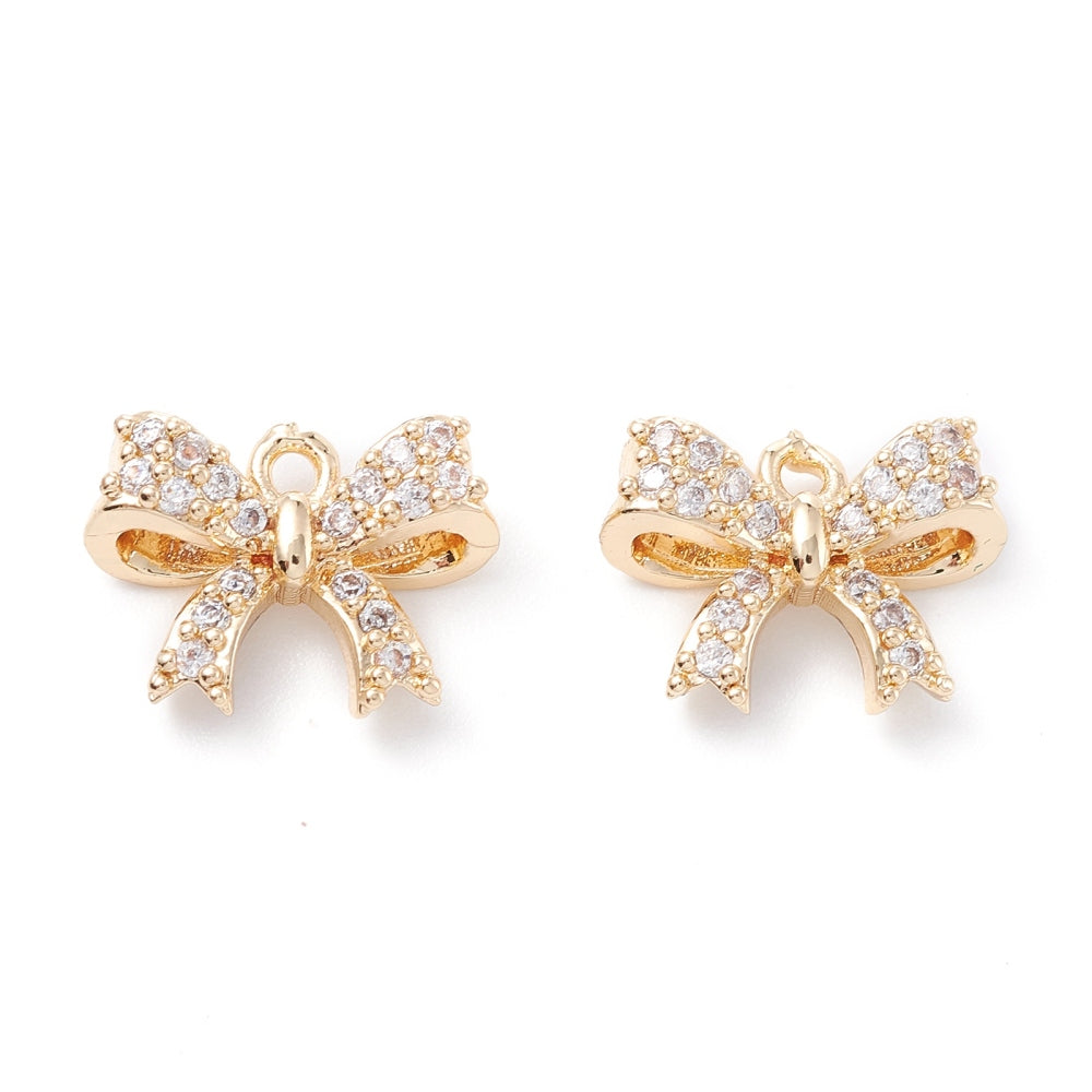 Rack Plating Brass Micro Pave Cubic Zirconia Charms, 2 Pack, Long-Lasting Plated, Bowknot, Light Gold  Silver