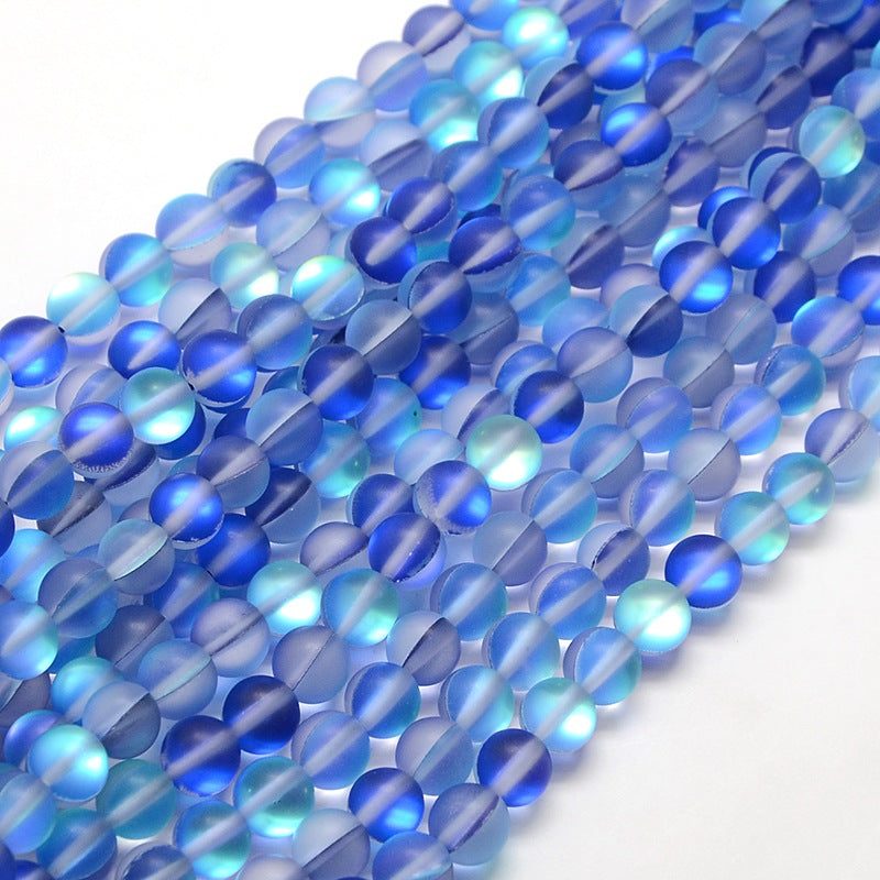 Mermaid Glass Holographic Beads, Half AB Color Plated, Frosted, Round, Blue 8mm