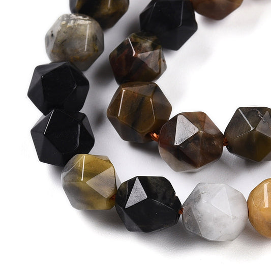 Natural Petrified Wood Beads Strands, Faceted, Star Cut Round Beads, 8mm