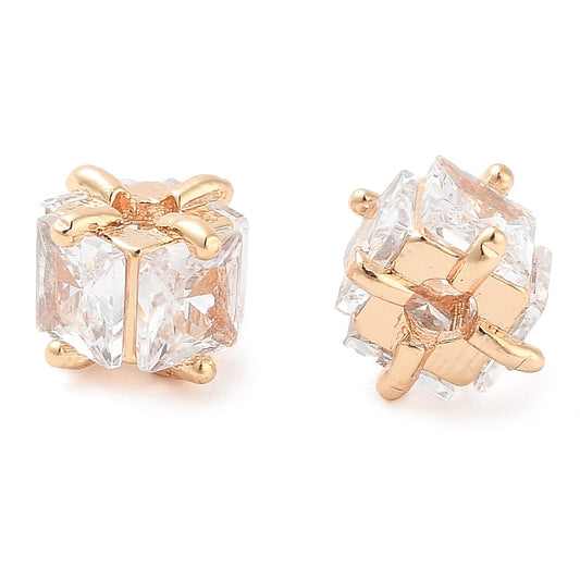 Brass Micro Pave Clear Cubic Zirconia Beads, Square, Real 18K Gold Plated 2 PACK