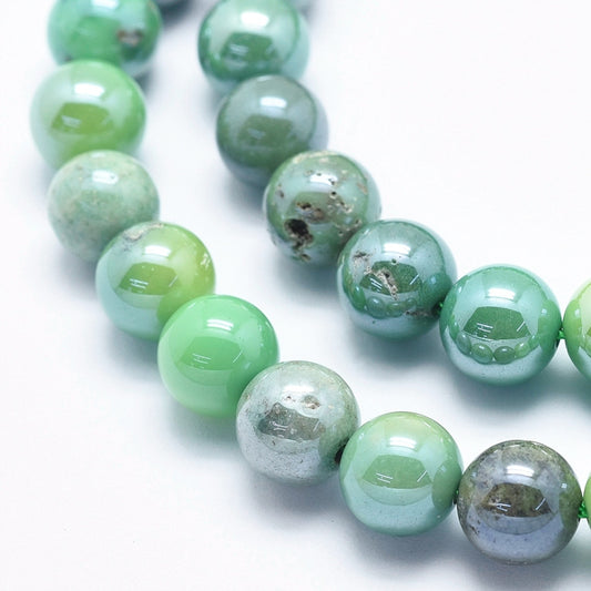 Electroplate Natural Green Grass Agate Beads Strands, Round, 8MM