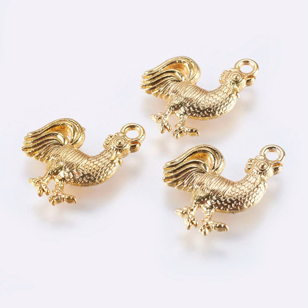 Alloy Pendants, Real 18K Gold Plated, Chicken, Golden 2PK