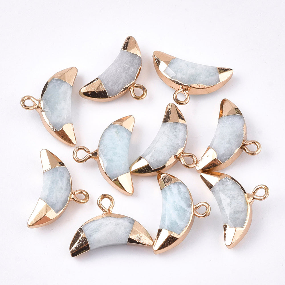 Electroplate Natural Gemstone Charms, with Iron Findings, Faceted, Moon, Golden, Size: about 12~13mm