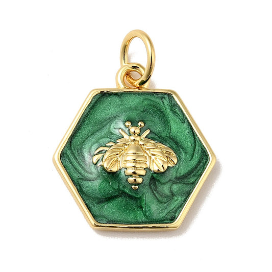 Rack Plating Brass Enamel Pendants, with Jump Ring, Cadmium Free; Nickel Free; Lead Free, Real 18K Gold Plated, Hexagon with Bee, Sea Green