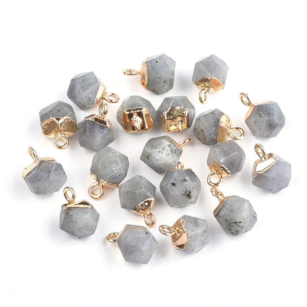 Electroplate Natural Gemstone Star Cut Round Charms, with Iron Findings, Faceted, Golden, 2 Pack