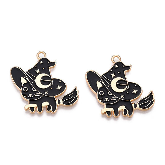 Cat with Witch Hat & Broom Pendants, Black Size: about 28mm long