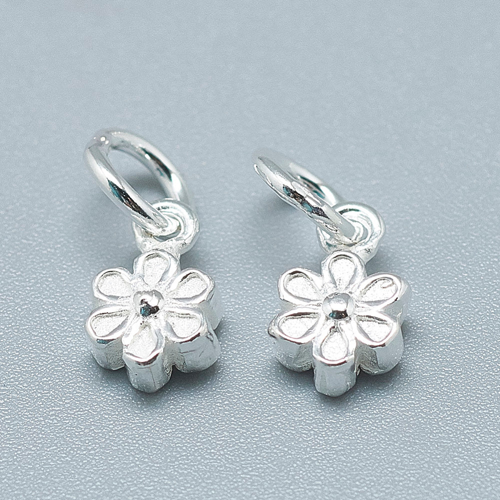 925 Sterling Silver Charms, with Jump Ring, Flower, Silver 2 PACK