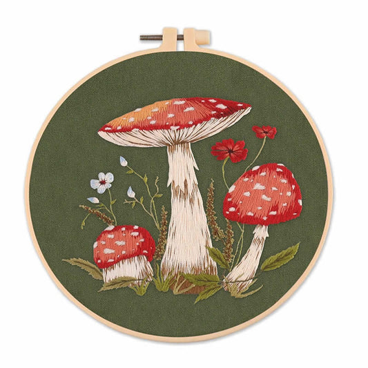 Mushroom Pattern Embroidery Starter Kits, including Embroidery Fabric & Thread, Needle, Embroidery Hoop, Instruction Sheet, Dark Olive Green Size:  Embroidery Hoop