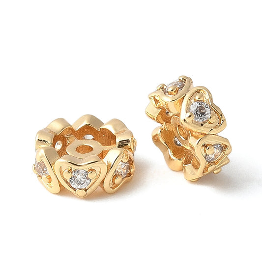 Brass Micro Pave Clear Cubic Zirconia Wheel Beads, Heart, Real 18K Gold Plated  and Silver 2Pk