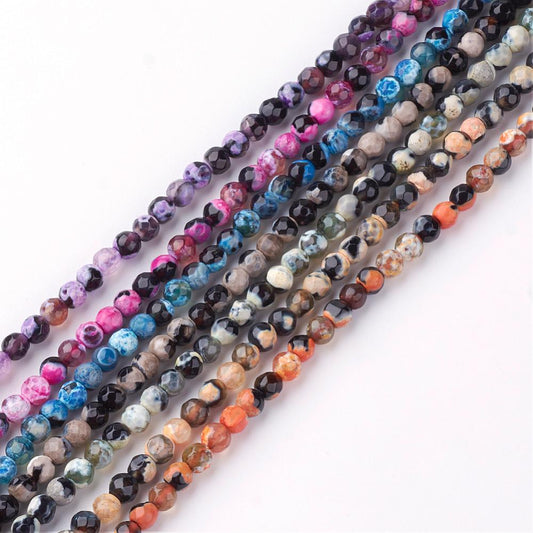 Natural Fire Crackle Agate Bead Strands, Dyed, Faceted, Round, Mixed Color 4mm