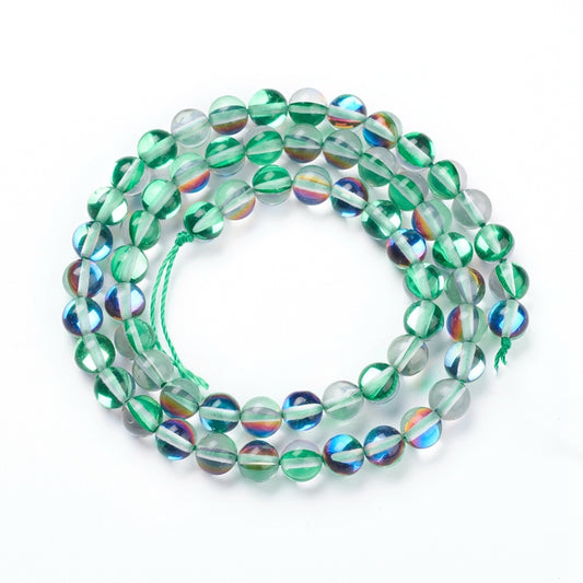 Mermaid Glass&nbsp;Holographic Beads, Dyed, Round, Medium Sea Green 6mm