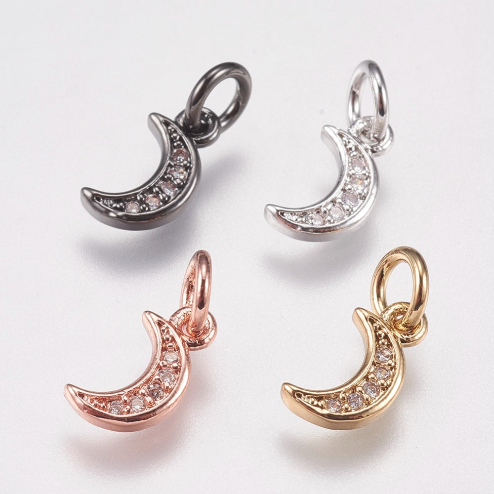 Brass Micro Pave Cubic Zirconia Charms, Moon, Mixed Color