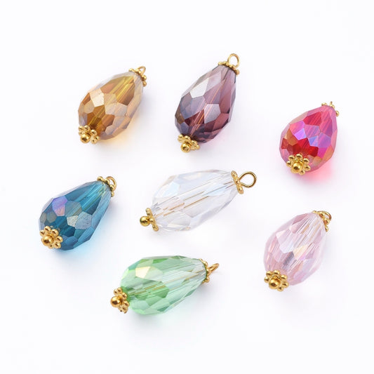 Electroplate Faceted Glass Pendants, with Alloy Flower Daisy Spacer Beads and Brass Findings, Teardrop, Golden, Mixed Color