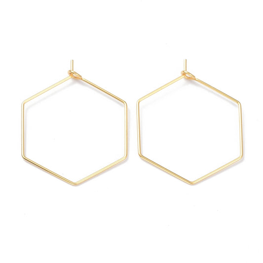 316 Stainless Steel Hoop Earring Findings, Wine Glass Charms Findings, Hexagon, Real 18K Gold Plated 2 Pack