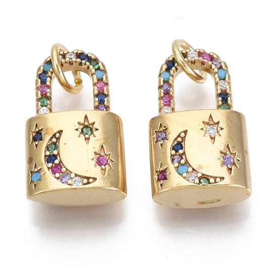 Brass Micro Pave Colorful Cubic Zirconia Pendants, with Jump Ring, Lock with Moon, Star, Nickel Free, Real 18K Gold Plated