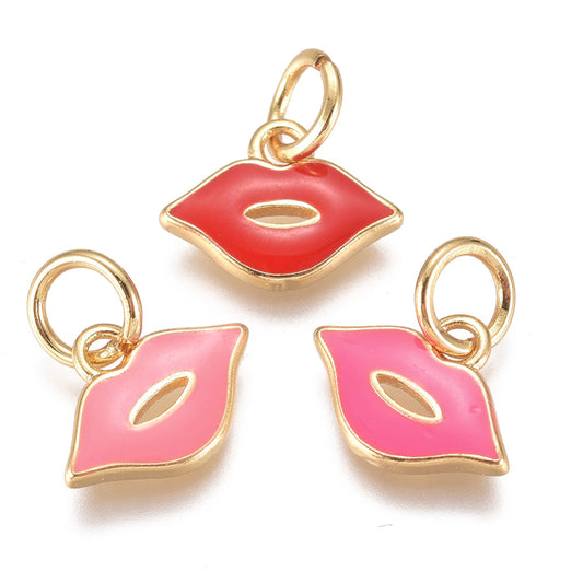 Real 18k Gold Plated Brass Enamel Charms, Lip Charms, Long-Lasting Plated, 2pk