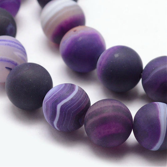 Agate Striped Grade A Frosted Dyed Indigo Round Bead Strands