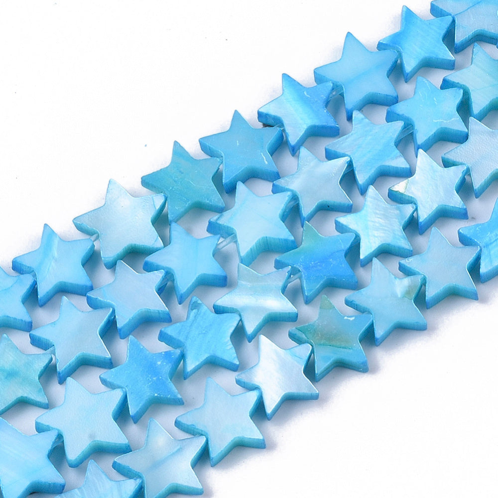 Freshwater Shell Beads Dyed Star Shape Deep Sky Blue 910.5x911.5x2~3mm (38pcs/Strand) The Pink Bead Shop
