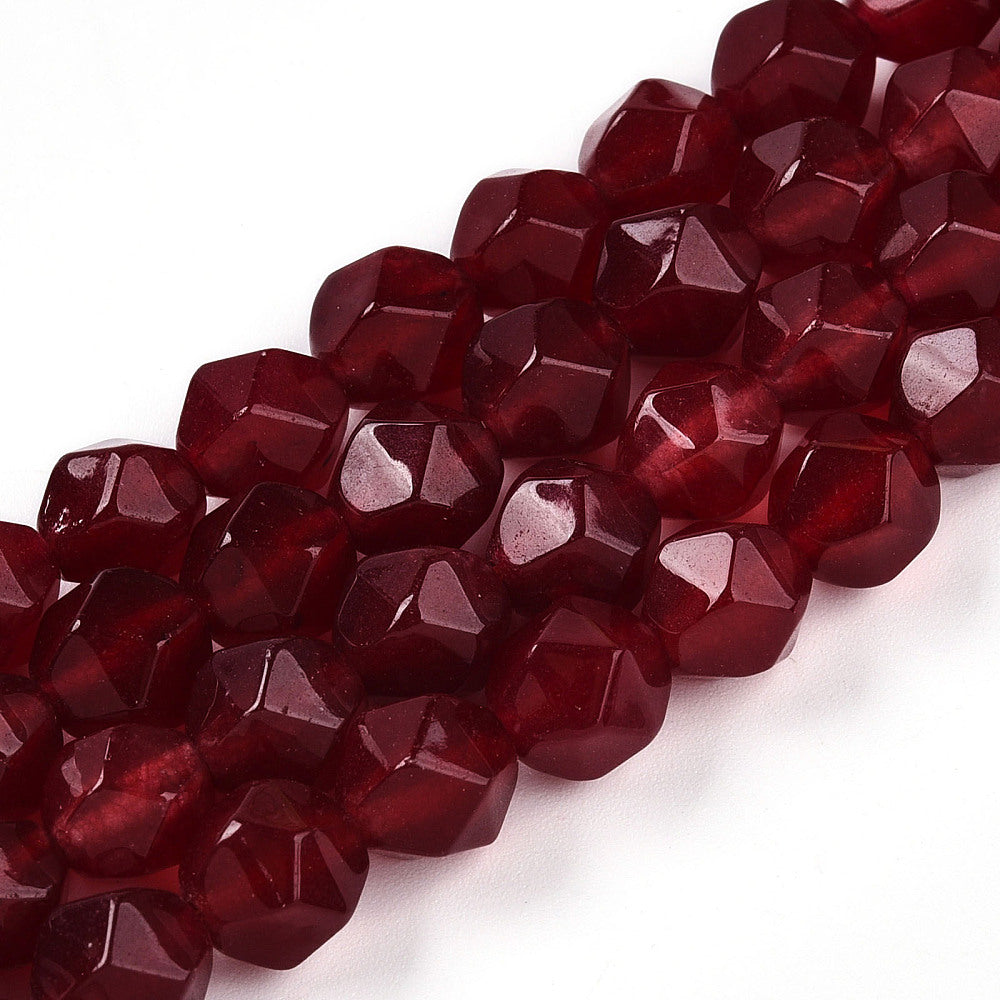 Dyed Natural White Jade Beads Strands, Faceted, Star Cut Round Beads, Dark Red