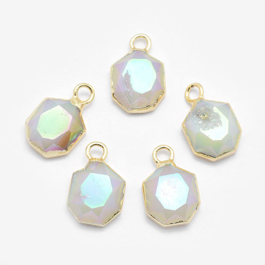 Electroplate Natural Druzy Agate Pendants, with Brass Findings, Faceted, Heptagon, Golden, White