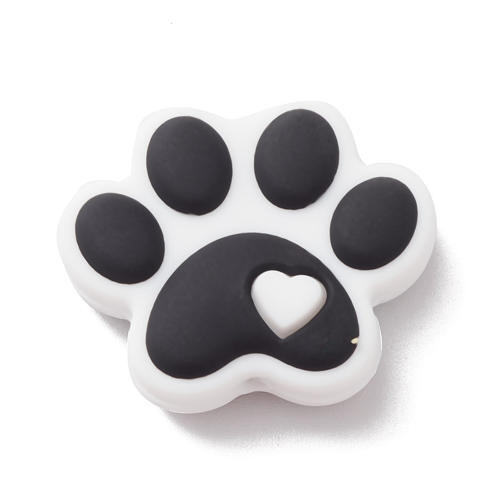 Dog Paw Print Food Grade Eco-Friendly Silicone Beads; Black & White