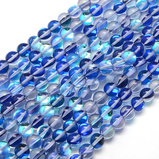 Mermaid Glass Bead Strands Half Ab Color Plated  Royal Blue 6mm