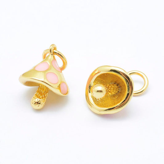 Brass Enamel Charms, Mushroom, Cadmium Free & Nickel Free & Lead Free, Real 18K Gold Plated