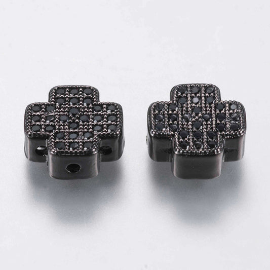 Brass Micro Pave Cubic Zirconia Cross Spacer Bead, Gunmetal