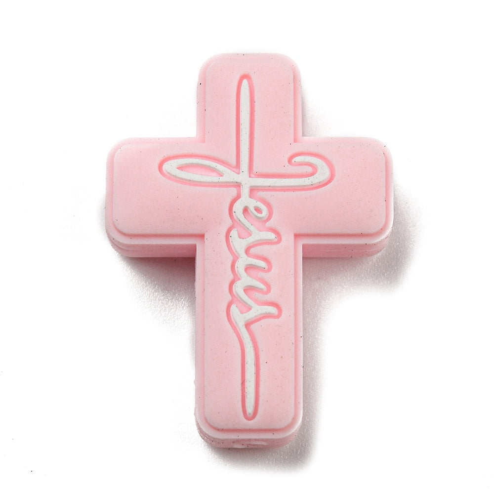 Cross with wordJesus Silicone Focal Bead