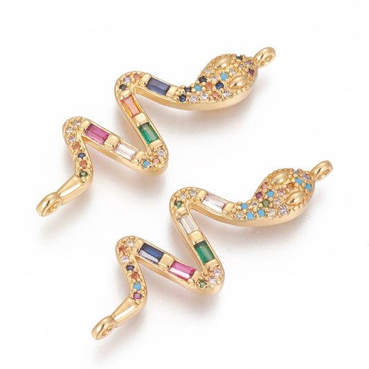 Brass Micro Pave Cubic Zirconia Links, Cadmium Free; Lead Free, Snake, Colorful, Golden