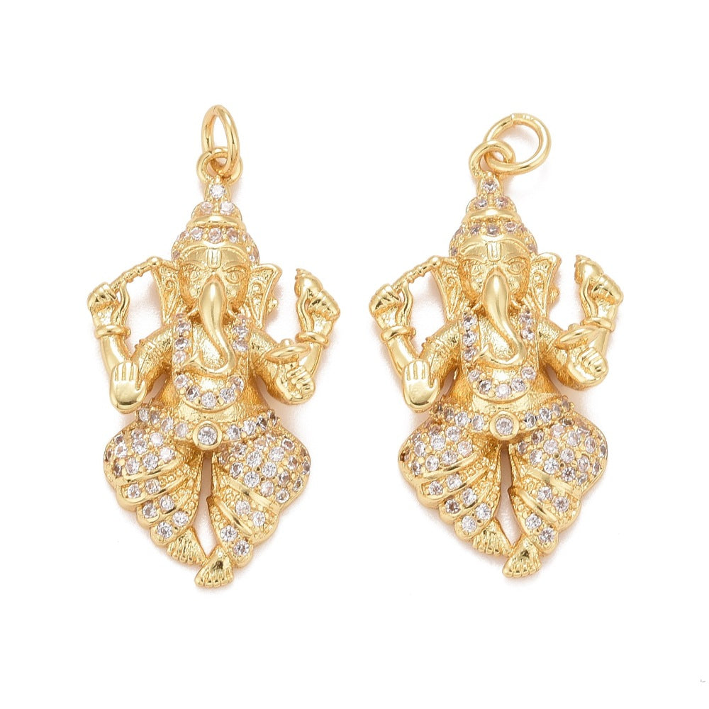 Rack Plating Brass Micro Pave Ganesh Cubic Zirconia Pendants, with Jump Rings, Cadmium Free; Lead Free &; Nickle Free, Elephant, Real 18K Gold Plated