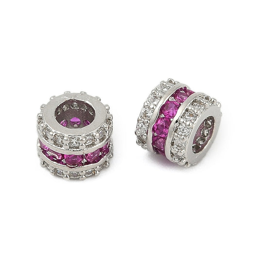 Brass Micro Pave Cubic Zirconia Beads, Long-Lasting Plated, Rack Plating, Column, Platinum
