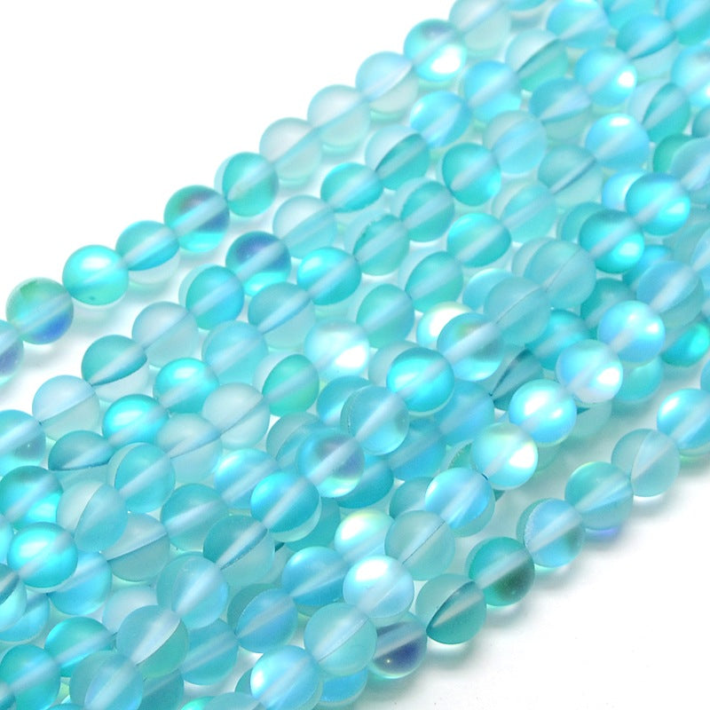 Mermaid Glass Holographic Beads, Half AB Color Plated, Frosted, Round, Cyan 8mm