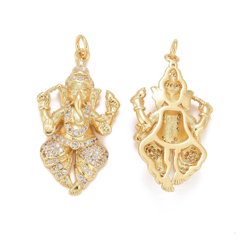 Rack Plating Brass Micro Pave Ganesh Cubic Zirconia Pendants, with Jump Rings, Cadmium Free; Lead Free &; Nickle Free, Elephant, Real 18K Gold Plated