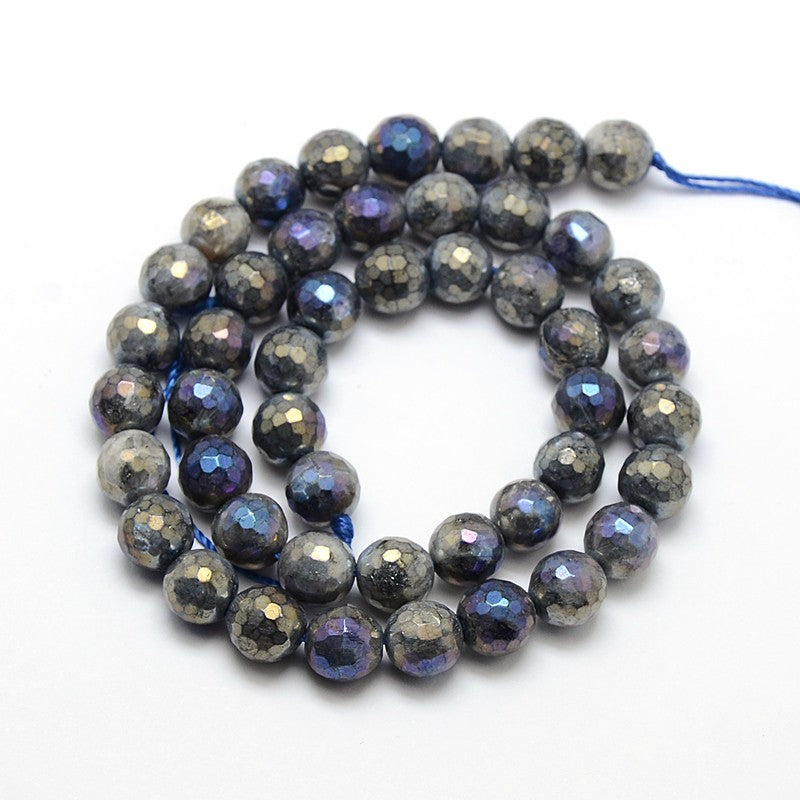 Electroplate Natural Labradorite Beads Strands, Round, Faceted Size: about 4mm