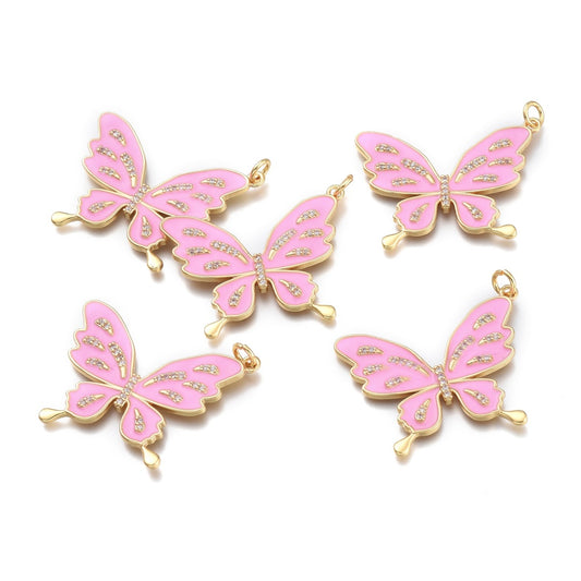 Brass Micro Pave Clear Cubic Zirconia Pendants, with Enamel and Jump Rings, Butterfly, Real 18K Gold Plated, Pearl Pink