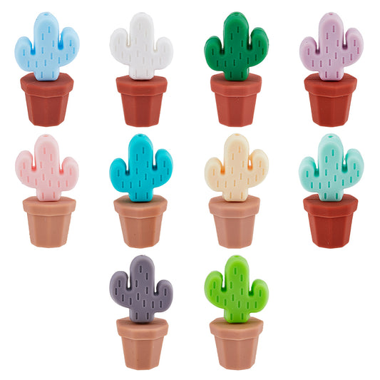 Cactus &; Potted Plants Food Grade Eco-Friendly Silicone Focal Beads, Mixed Color