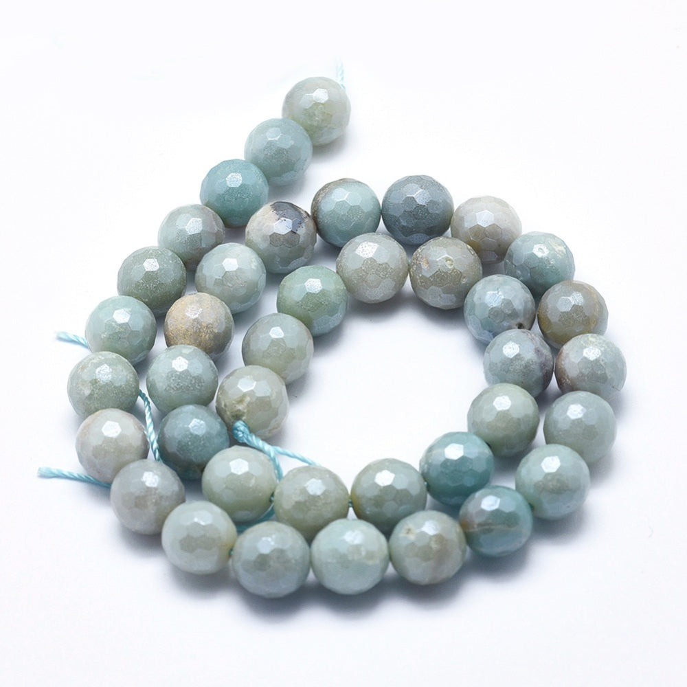 Natural Amazonite Beads Strands, Round, Faceted, Electroplated 8mm