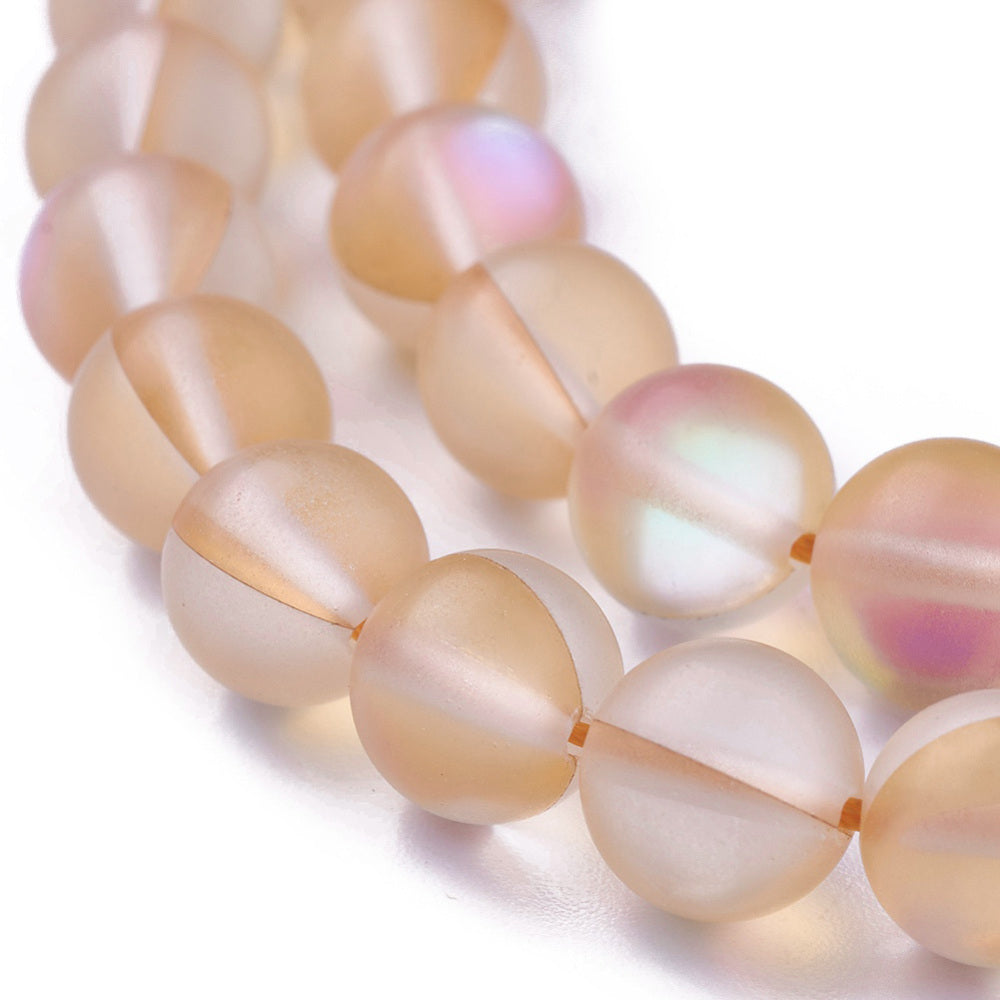 Mermaid Glass; Holographic Beads, Half AB Color Plated, Frosted, Round, Peach 8mm