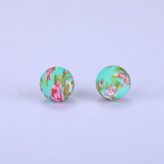 Printed Round with Flower Pattern Silicone Focal Beads, Colorful