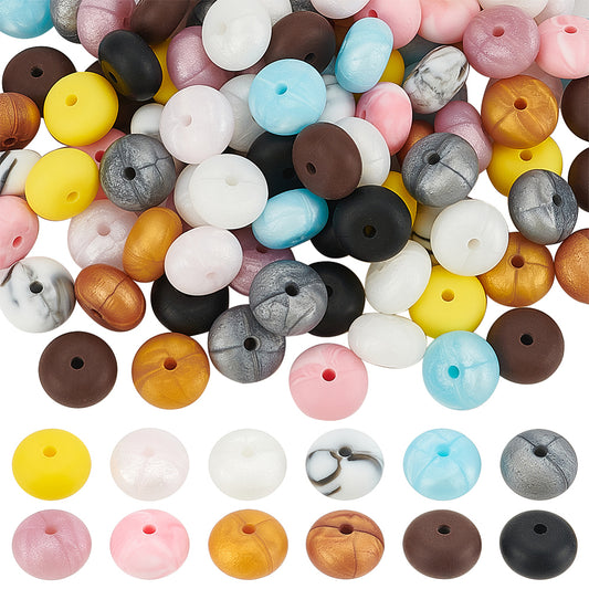 Flat Round Food Grade Eco-Friendly Silicone Beads, Mixed Color