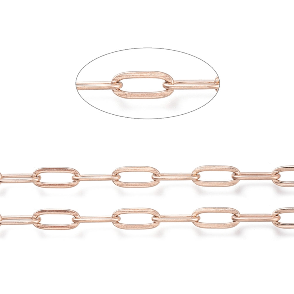 Ion Plating(IP) 304 Stainless Steel Cable Chains, Paperclip Chains, Drawn Elongated Cable Chains, Soldered, with Spool, Rose Gold SOLD BY THE METER