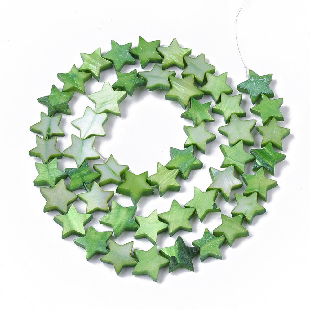 Freshwater Shell Beads  Dyed Star Shape Green 910.5x911.5x2~3mm (38pcs/Strand) The Pink Bead Shop