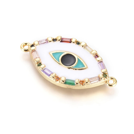 Brass Micro Pave Cubic Zirconia Links connectors, with Enamel, Long-Lasting Plated, Evil Eye, Colorful, Golden